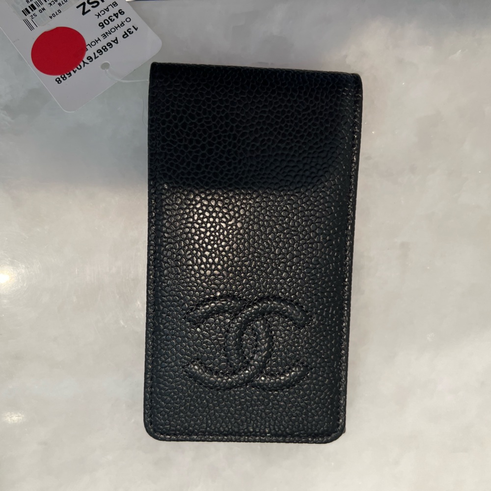 Chanel Caviar pebbled leather black phone holder/card case